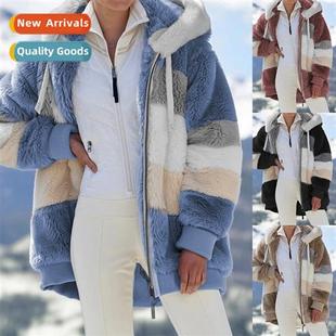 2022 Autumn  Winter Warm Plush Patchwork Zipper Pocket Hoode