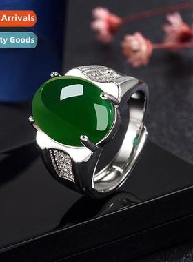 Retro ethnic style domineering green chalcedy ring mens ligh
