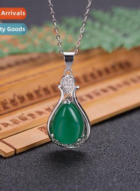 Vintage ethnic style green chalcedy pendant female diamd zir