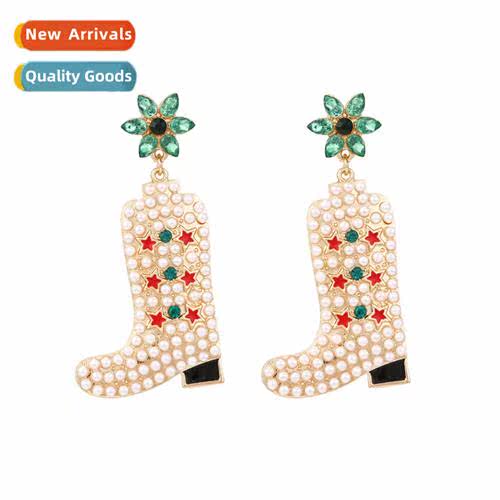 exaggerated alloy oil drops inlaid pearl boots earrings pers