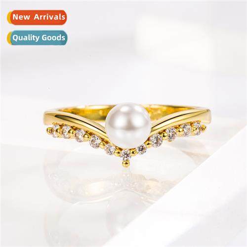wind jewelry Simple V-shaped pearl ring female 18K gold-plat