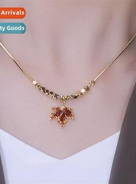 Premium   red maple leaf tanium steel necklace female light
