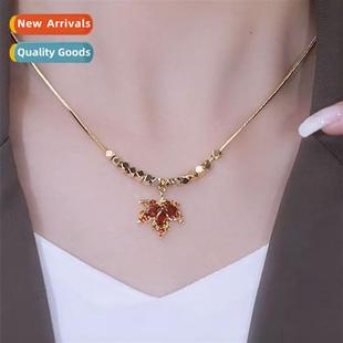 leaf tanium steel Premium female maple necklace light red