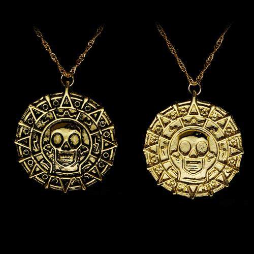 Pirates   Caribbean necklace Aztec gold coin mens skull neck