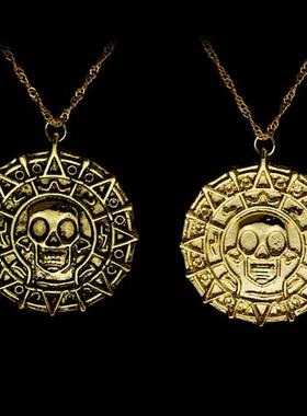 Pirates   Caribbean necklace Aztec gold coin mens skull neck