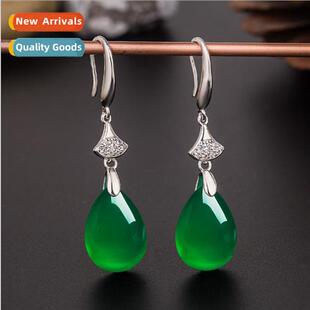 water drop shaped Ethnic agate natural green earrings style