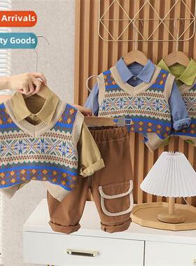 Boys spring  fall clothing sweater vest three- set 2023 new