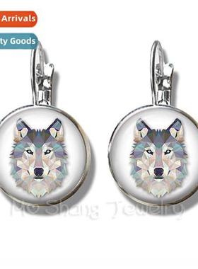 Vintage Silver Plated Glass Dome Earrings Wolf Head Patterne