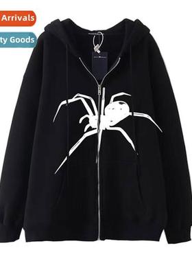 Dark Hip Hop Gothic Harajuku Y2K Spider Print Zipper Hoodie