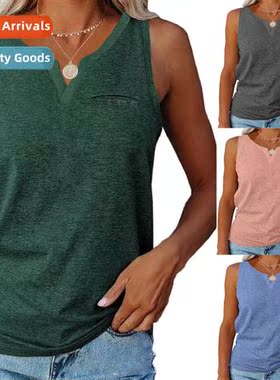 Spring  summer new undershirt V-neck pockets loose casual bi
