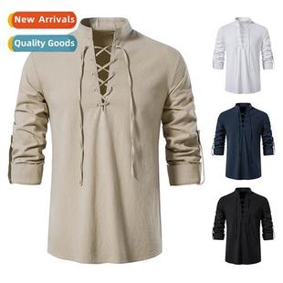 Solid Cott Neck Sleeve Henley Tie Color 2022 Shirt Mens