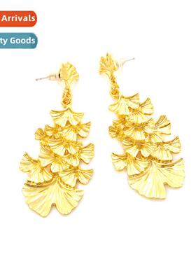 Persalized cold wind multi-layer gold ginkgo biloba earrings