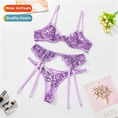 Sexy erotic lingerie set wh steel ring half cup gared garter