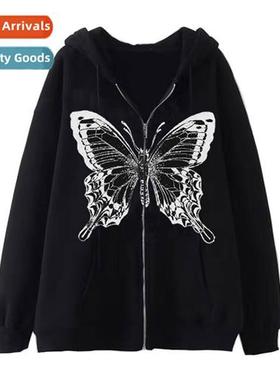 Dark Hip Hop Gothic Harajuku Y2k Butterfly Zipper Hoodie Men