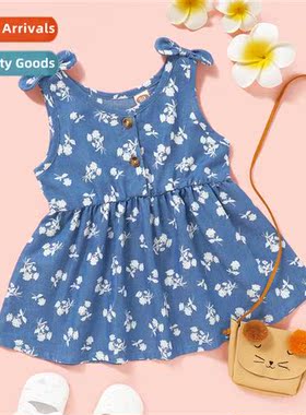 Girls spring  fall  2021 new n sleeveless denim flowers prin