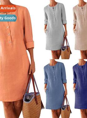 2023 Spring new plus size womens cott linen round neck lg sl