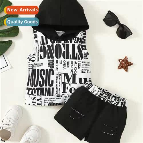 2023 new n girls letter print sleeveless hooded top + solid