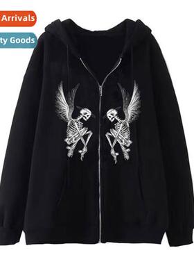 2023Y2K Dark Gothic Skull Zipper Sweatshirt Fall  Winter Fle