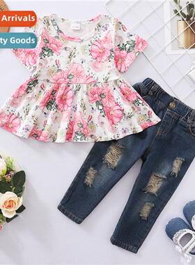 Girls spring  fall  2022 new n floral short-sleeved top + ri