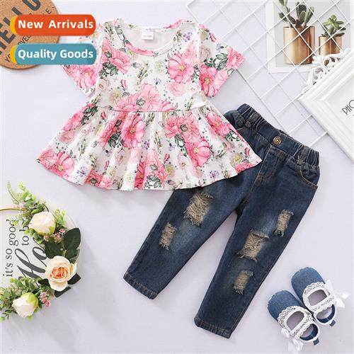 Girls spring  fall  2022 new n floral short-sleeved top + ri