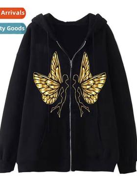 Dark Hip Hop Gothic Harajuku Y2k Butterfly Zipper Hoodie Men