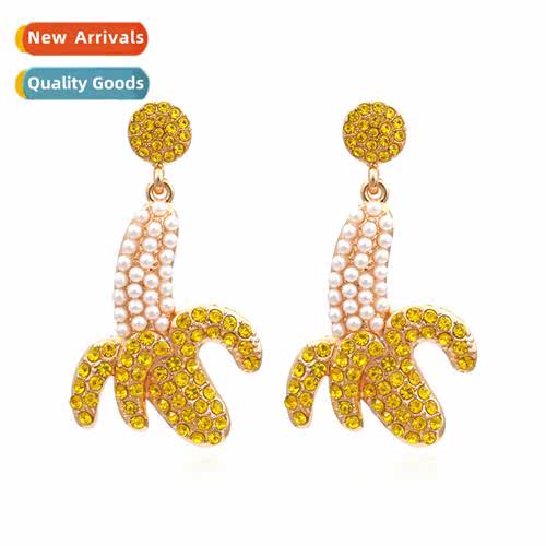 simple fru diamd alloy earrings retro fashi pearl banana ear