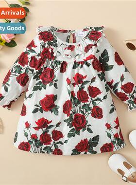 Girls spring  fall 2023 new n rose print corduroy lg-sleeved