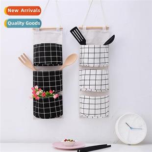 linen storage three Plaid hanging cott pocket bag paragraph