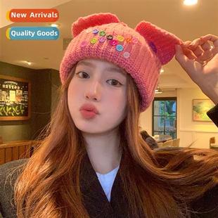 Warm sweeart cute cat pig ears knted wool hat fall and winte
