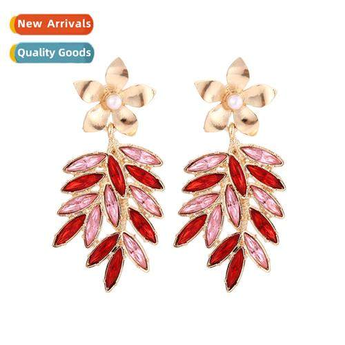 Skelet full diamd zinc alloy leaves leaf earrings temperamen