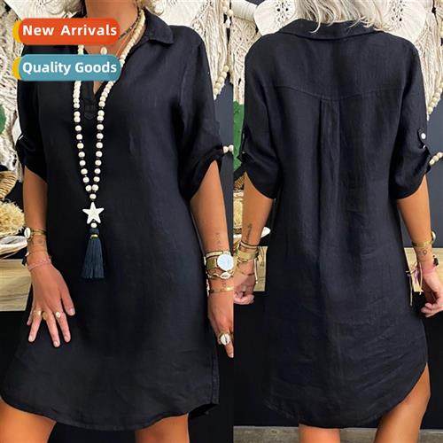 2022 New Scinavian Style Cott Short Sleeve Shirt Dress
