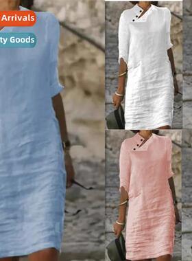 2023 spring  summer new casual collar butt cott linen solid