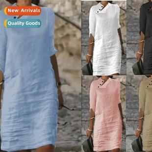 new casual linen spring solid cott summer butt 2023 collar