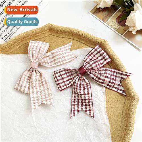 Pink checkered bow hair clips sweet girl Japanese side bangs