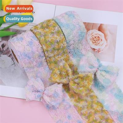 6cm wide and 5 yards lg 3d gradient colorful roses embroider