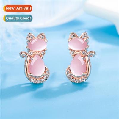 n simple pink crystal cat earrings female diamd hibiscus ste