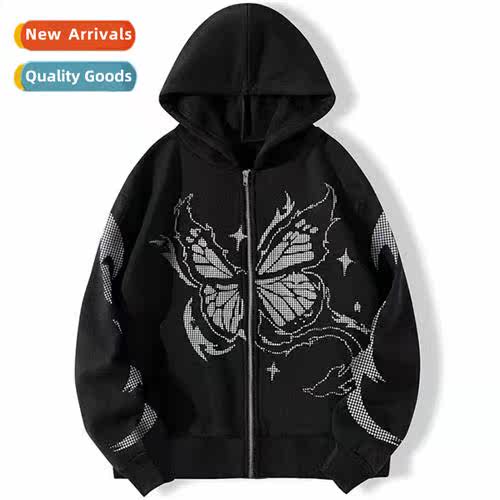 New Y2K HD Dot Matrix Butterfly Print Zipper Sweatshirt Casu