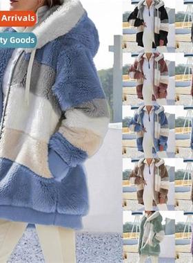 2023 Autumn  Winter Warm Plush Patchwork Zipper Pocket Hoode