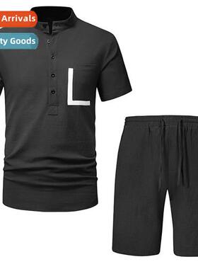 Mens Cott Linen Henley Collar Pocket Colorblocking Su TB16