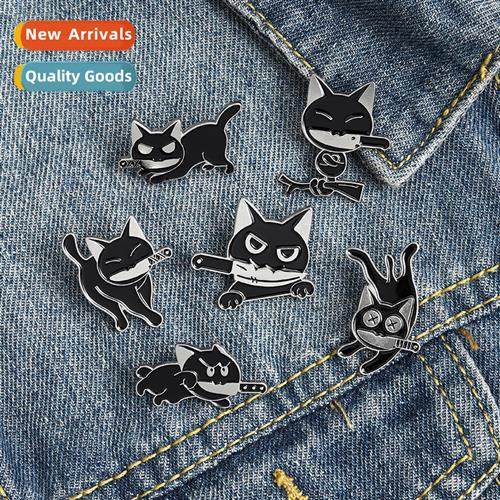 Creative Black Cat Knife Handle Brooch Enamel Oil Dripping B