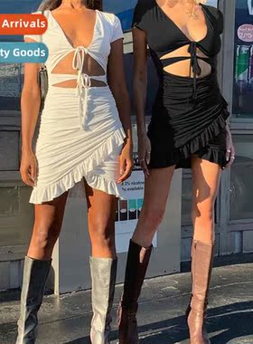 2023 Womens an  American deep V-neck hollow ruffles wrap hip