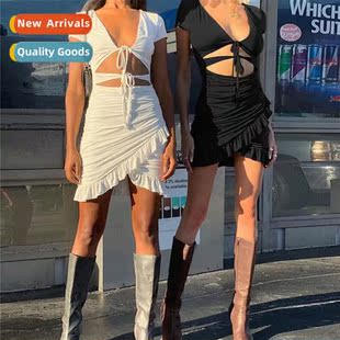 2023 Womens an  American deep V-neck hollow ruffles wrap hip