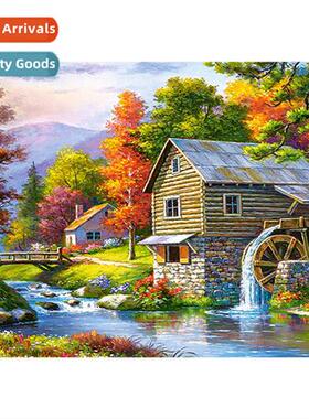 New forest waterwheel cabin lscape diamd painting modern sim