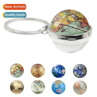 World Map Glass Ball Keychain Reversible Earth Map Time Gems