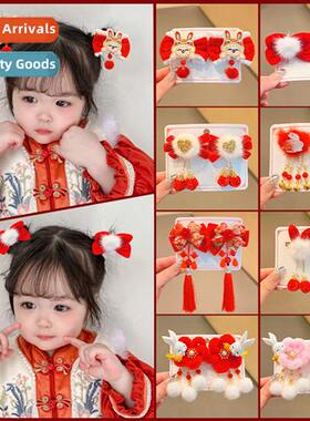 2022 new girls red New Years headdress childrens  clips do n