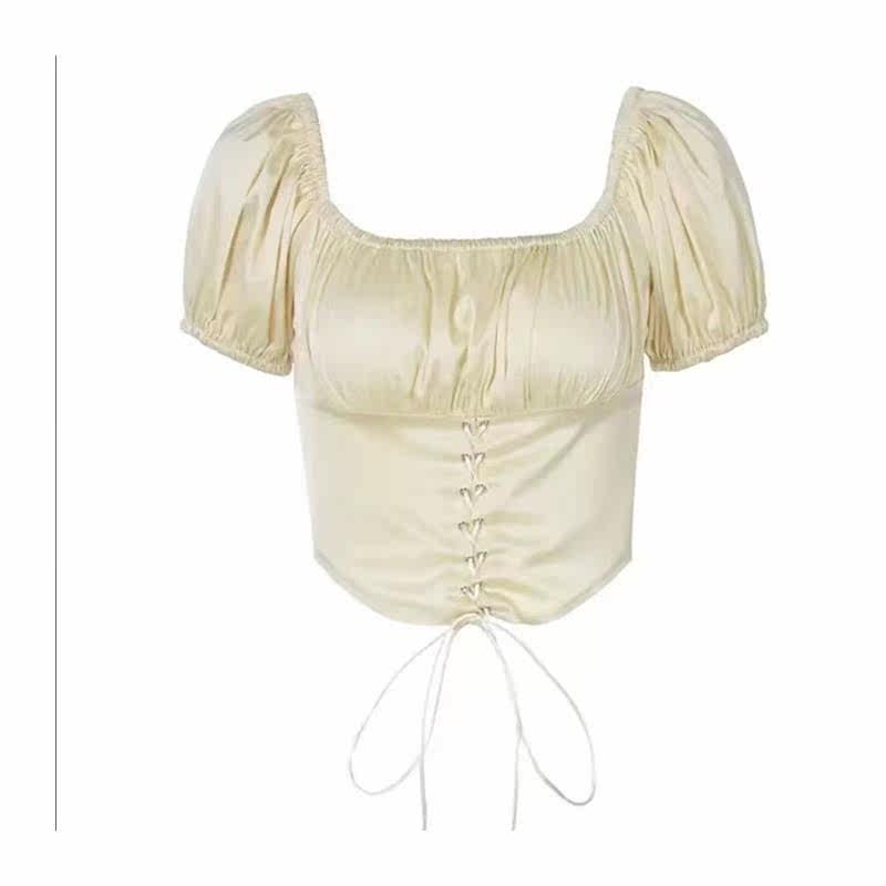 2022 spring  summer new square neck ruffles tie solid color