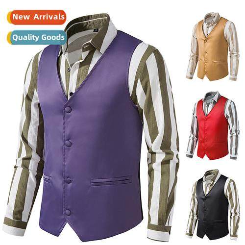 Mens Solid Color Wedding Dress Vest England Casual Slim Stag