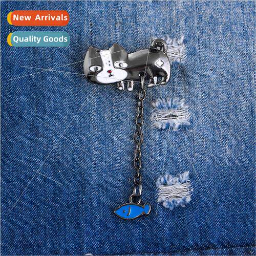 Cartoon Japan brooch Cute cat eating small fish anchor ship