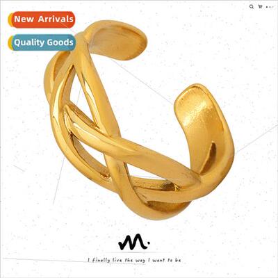 lines cross interlocking ring female tanium steel gold-plate