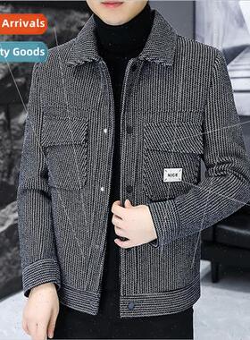 Autumn winter tweed coat men Korea Slim thickened lapel gold
